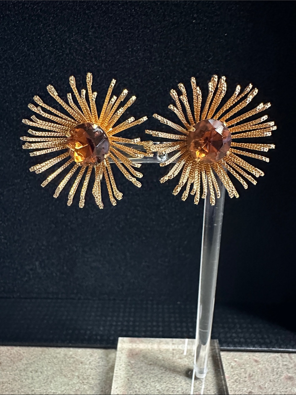 Vintage Sarah Coventry “Golden Mum” Sunburst Clip-On Earrings with Amber Stones